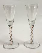 A PAIR OF HAND BLOWN AIR TWIST LIQUEURS, SIGNED TO BASE MIKE..., HEIGHT 18CM.