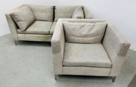 LIGHT GREY TWO SEATER SOFA ALONG WITH MATCHING ARMCHAIR.