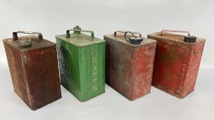 4 X VINTAGE FUEL CANS TO INCLUDE SHELL AND PRATTS EXAMPLE.