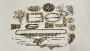 A GROUP OF DRESS JEWELLERY CLIPS AND BUCKLES, MARCASITE BROOCH AND NECKLACES ETC.