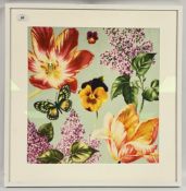 A MODERN FLORAL FRAMED SCREEN PRINT WITH FLOWERS AND BUTTERFLY, 45 X 44CM.