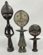 THREE CARVED ETHNIC TRIBAL STATUE SCULPTURES, ONE HAVING BEADED INLAID DETAIL, TALLEST 61CM.
