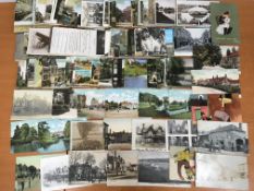 POSTCARDS: BOX MAINLY OLD TO INCLUDE COMIC, TAPLOW, MITCHAM, SELBY ABBEY 1906 FIRE MULTI-VIEW,