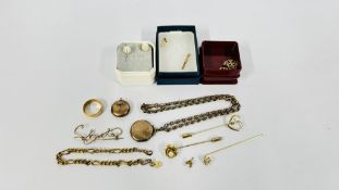 TWO VINTAGE PHOTO LOCKETS, ONE WITH WATCH CHAIN, STICK PINS AND MIXED YELLOW METAL JEWELLERY ETC.
