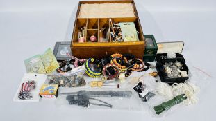 A BOX OF ASSORTED WOVEN BANGLES, HAT PINS, BUTTONS AND COSTUME JEWELLERY,