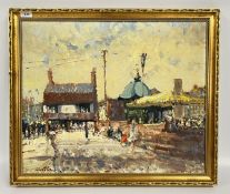 FRAMED OIL ON BOARD DEPICTING A FUNFAIR IN EAST ANGLIAN TOWN BEARING SIGNATURE CHATTEN,