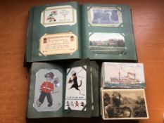 POSTCARDS: BOX WITH A COLLECTION IN TWO ALBUMS AND LOOSE, UK AND OVERSEAS VIEWS, CHILDREN, ANIMALS,