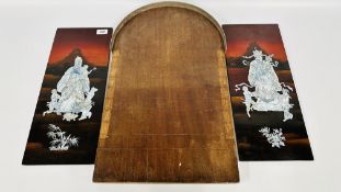 TWO ORIENTAL LACQUERED INLAID PANELS + A VINTAGE SCORE BOARD.