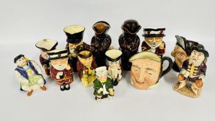 A GROUP OF ASSORTED CHARACTER / TOBY JUG TO INCLUDE 3 ROYAL DOULTON EXAMPLES ETC.
