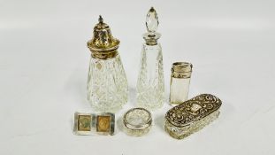 A GROUP OF SILVER MOUNTED DRESSING TABLE EXAMPLES TO INCLUDE A DECANTER AND TRINKET BOX AND A
