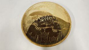 A ROGER DUKE CERAMICS POTTERY CHARGER, DIAMETER 34CM.