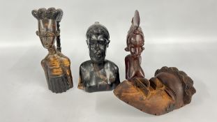 THREE CARVED ETHNIC TRIBAL BUSTS TO INCLUDE A HARD WOOD EXAMPLE + A CARVED ETHNIC TRIBAL MASK,