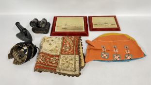 A BOX OF COLLECTIBLES TO INCLUDE EMBROIDERED COVERS + AN ANTIQUE NEEDLEWORK CUSHION COVER,