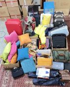 A GROUP OF SUNDRY CLOTHING, LUGGAGE BAGS, TWO FOLDING CHAIRS, COAT HANGERS, CUSHIONS,