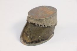 AN ANTIQUE HOOF INKWELL WITH DECORATIVE PLATED MOUNTS, MOUNTED BY A&N C.S.LD.