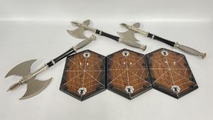 A GROUP OF 3 MEDIEVAL STYLE REPRODUCTION BATTLE AXE'S WITH WALL MOUNTS FOR DISPLAY PURPOSE ONLY.