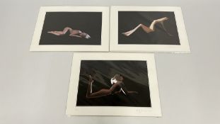 A GROUP OF 3 LIMITED EDITION ABSTRACT NUDE STUDIES BEARING PENCIL SIGNATURE MICKY THOMPSON.