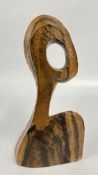 AN ABSTRACT CARVED WOOD BUST SCULPTURE BEARING MAKERS MARK V. OKUNS, H 31CM.