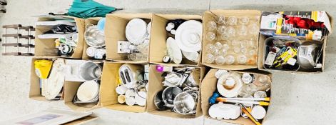 11 X BOXES HOUSEHOLD SUNDRIES TO INCLUDE SAUCEPANS, TOASTER, BOOKS, TABLEWARE, GLASSWARE,