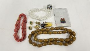 VINTAGE BEADED NECKLACES AND CLIP ON EARRINGS + AN ART DECO CELLULOID CICADA INSECT BROOCH,