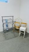 GROUP OF OCCASIONAL FURNITURE TO INCLUDE METAL CLOTHES RAIL, 2 X FOLDING CHAIRS, CLOTHES AIRER,