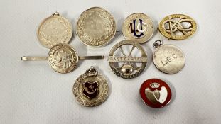A GROUP OF NINE ASSORTED SILVER MEDALLIONS AND BADGES TO INCLUDE MARKED PAST CAPTAIN, HANDICAP,