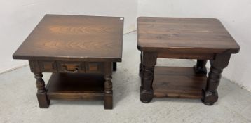 OAK SINGLE DRAWER OCCASIONAL TABLE, PLUS A SOLID PINE OCCASIONAL TABLE.