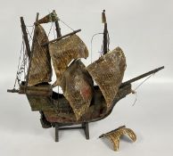 A VINTAGE WOODEN MODEL GALLEON, L 59CM X H 47CM.