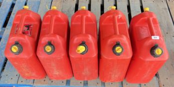 FIVE 20L PLASTIC JERRY CANS WITH SPOUTS.