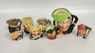 A GROUP OF 7 ROYAL DOULTON CHARACTER JUGS TO INCLUDE THE POACHER, ROBIN HOOD AND SMUGGLER EXAMPLES.