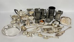 A BOX OF ASSORTED PLATED WARES TO INCLUDE FLATWARE + A GROUP OF VINTAGE PEWTER TANKARDS,