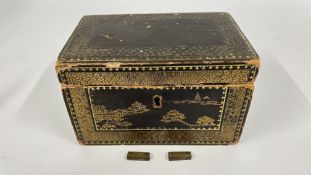ANTIQUE BLACK LACQUERED TEA CADDY OF ORIENTAL DESIGN.
