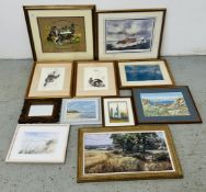 A GROUP OF FRAMED PICTURES, PRINTS AND TAPESTRIES TO INCLUDE COASTAL SCENES, SIGNED PRINTS,
