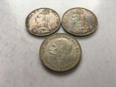 COINS: ENGLISH SILVER CROWNS, 1887, 1891, 1935 (3 COINS).