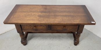 OAK 2 DRAWER COFFEE TABLE, W 114, D 49, H 50CM.