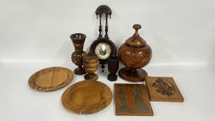 A BOX OF TREEN TO INCLUDE CARVED / TURNED URNS, BAROMETER AND A CARVED PERSIAN STYLE CHALICE ETC.