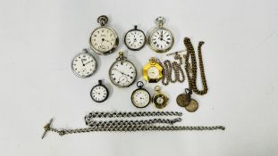 A GROUP OF 9 VINTAGE POCKET WATCHES TO INCLUDE ROSKOPF PATENT & SOME SILVER EXAMPLES + A SEKONDA