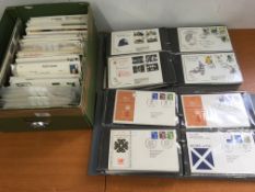 STAMPS: BOX WITH FIRST DAY AND OTHER COVERS IN TWO ALBUMS AND LOOSE.