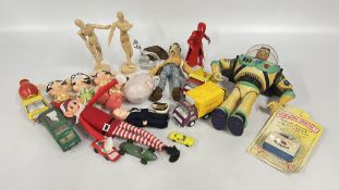 A BASKET OF TOYS TO INCLUDE DIE-CAST VEHICLES, BUZZ LIGHTYEAR AND TOY STORY WOODY,