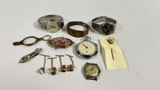 A GROUP OF VINTAGE JEWELLERY AND WATCHES TO INCLUDE A SKULL STICK PIN, WHITE METAL BANGLE,