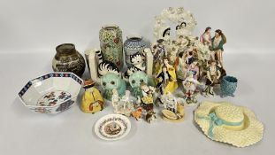 A GROUP OF VINTAGE CONTINENTAL FIGURINES ALONG WITH VARIOUS STAFFORDSHIRE STYLE FLAT BACKS,