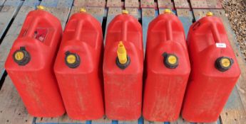 FIVE 20L PLASTIC JERRY CANS WITH SPOUTS.