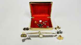 A JEWELLERY BOX CONTAINING SILVER LOCKET, SILVER CUFF LINKS AND WATCHES TO INCLUDE VINTAGE ROTARY.
