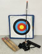 QUANTITY OF ARCHERY SPORTING EQUIPMENT TO INCLUDE BOW, ARROWS AND QUIVER, ARCHERY TARGET FACE ETC.