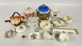 A GROUP OF CHINA AND CERAMICS TO INCLUDE COALPORT MING ROSE, SPODE, BISCUIT BARREL,