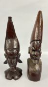 TWO CARVED ETHNIC TRIBAL HARDWOOD BUSTS, H 46 X H 40CM.