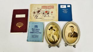 A SMALL GROUP OF VINTAGE EPHEMERA TO INCLUDE TWO PHOTOGRAPHIC FRAMED PORTRAITS OF GENTLEMEN,