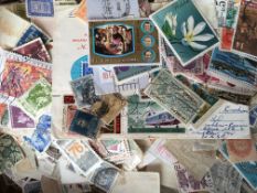 STAMPS: LARGE BOX ALL WORLD LOOSE STAMPS INCLUDING A SHOEBOX WITH A CLEAN OFF PAPER MIX.