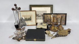 A BOX OF COLLECTIBLES TO INCLUDE BOXED CUTLERY, PAIR OF CANDLESTICKS, BRASS BELLOWS, FLAT WARE,