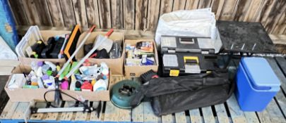 7 X BOXES CONTAINING A QUANTITY OF SHED TOOLS AND CLEANING CHEMICALS TO INCLUDE DRAPER CORDLESS